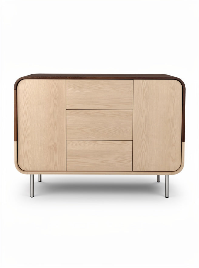 "Moderne houten dressoir met afgeronde hoeken en metalen poten"